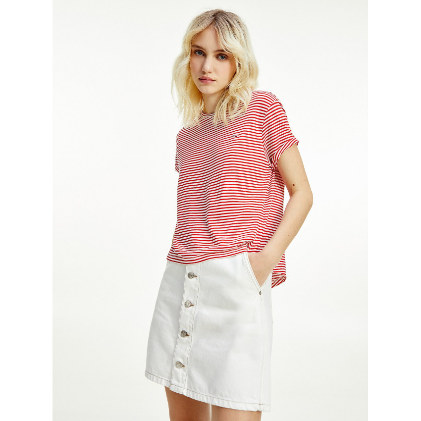 T-shirt femme tommy jeans rayé rouge et blanc manches courtes référence DW0DW09790 chez CLOANE