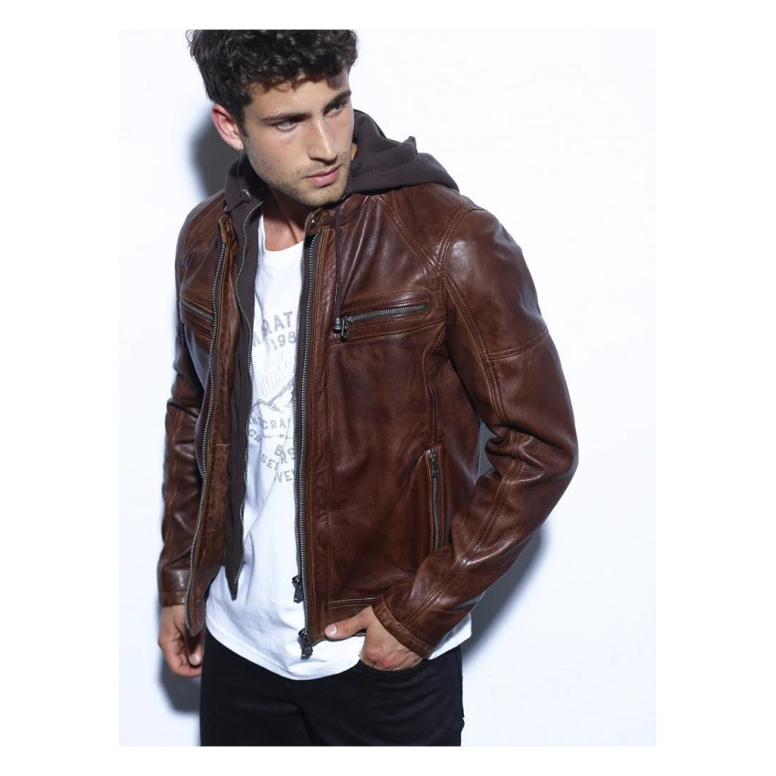 Veste en cuir d'agneau homme DAYTONA Bishop Dark cognac Cloane Vannes