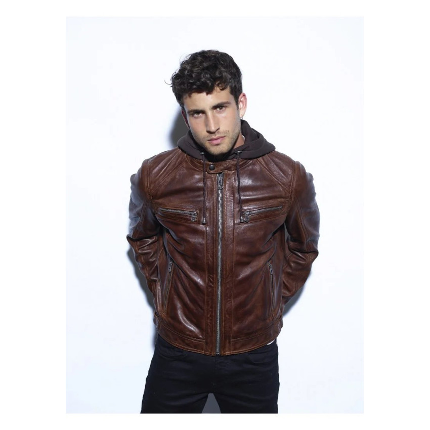 Veste en cuir d'agneau homme DAYTONA Bishop Dark cognac Cloane Vannes