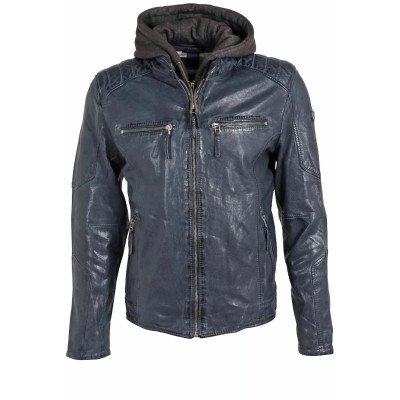 Blouson en cuir d'agneau Bleu motard Gipsy 2.0 avec capuche Cloane Vannes