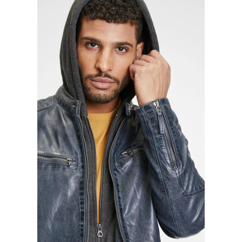 Blouson en cuir d'agneau Bleu motard Gipsy 2.0 avec capuche Cloane Vannes