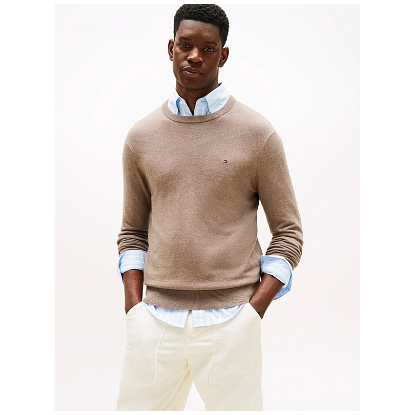 Pull Homme Cachemire Marron Clair PIMA Tommy Hilfiger Cloane Vannes MW0MW28046