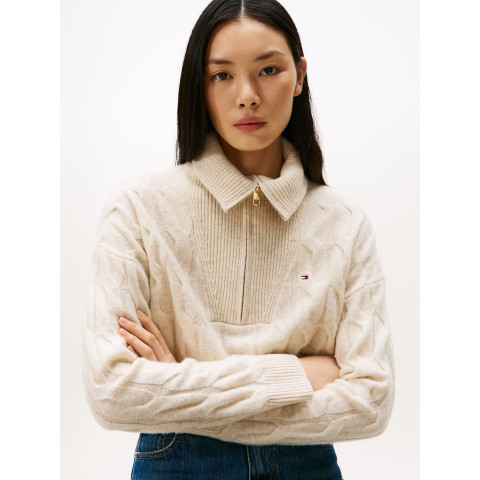 Pull Demi ZIP Femme Tommy Hilfiger SOFT WOOL Ecru Cloane Vannes WW0WW46425