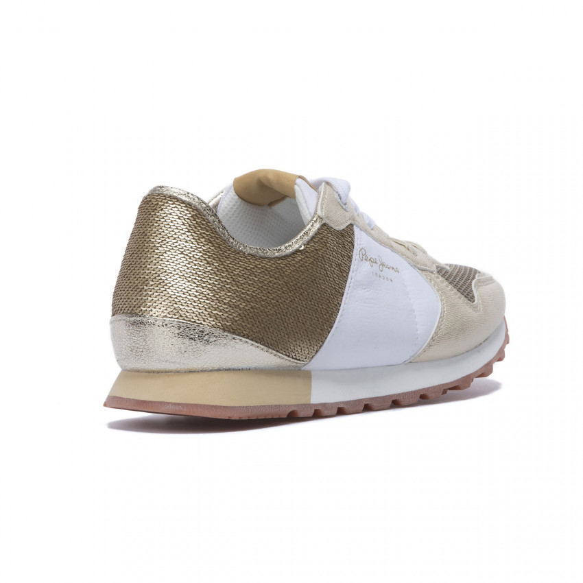 Chaussures femme pepe jeans style running Verona sequins couleur blanc & or PLS30625 099, Cloane Vannes