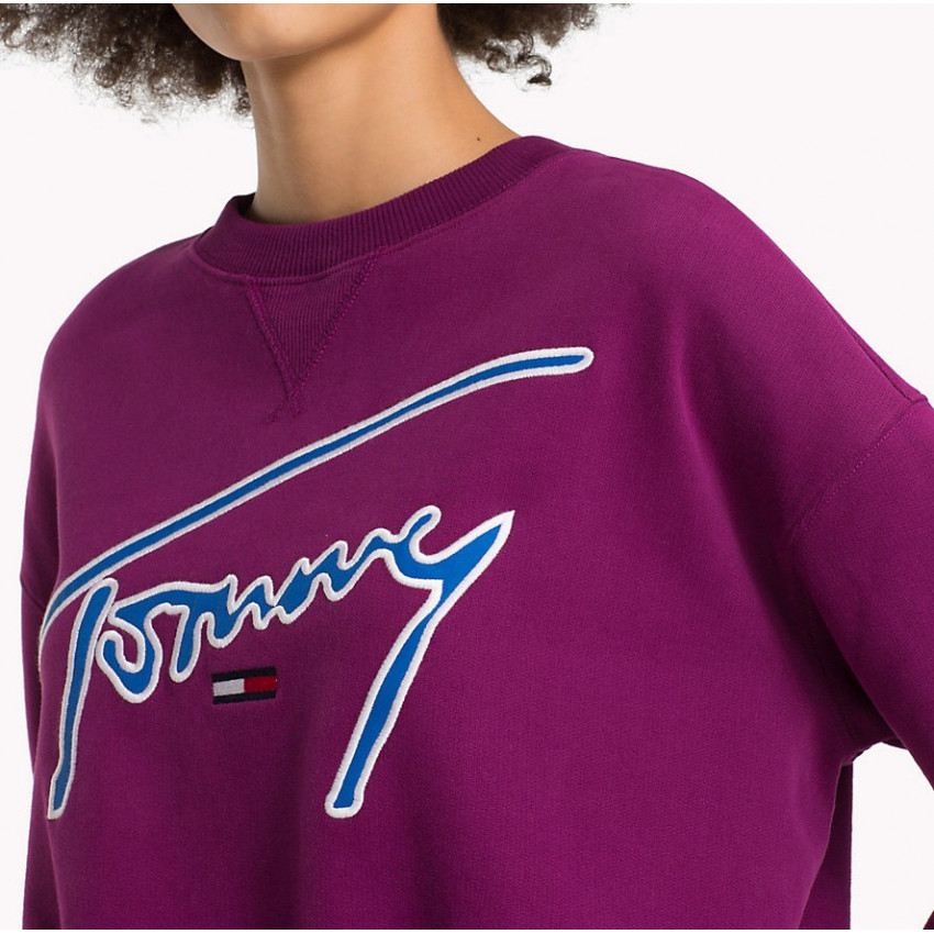 Sweat femme Tommy Jeans violet col rond, logo signature brodé chez Cloane Square à Vannes