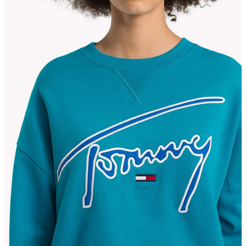 Sweat Femme Tommy Jeans Signature bleu turquoise col rond, cloane vannes