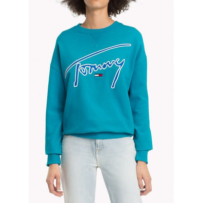 Sweat Femme Tommy Jeans Signature bleu turquoise col rond, cloane vannes