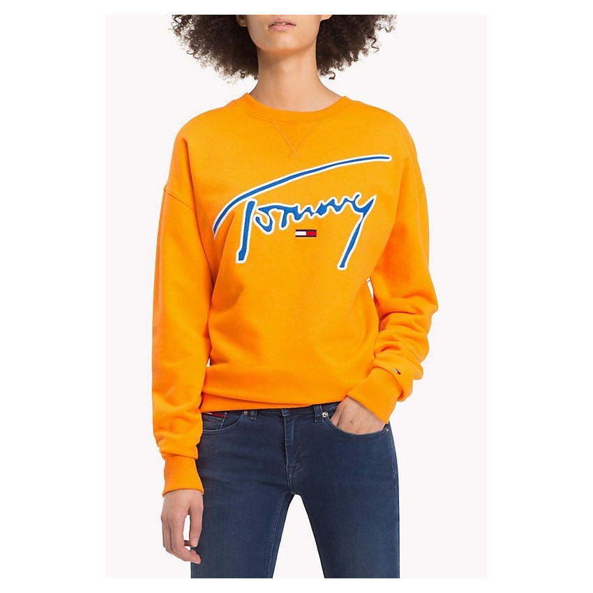 sweat femme col rond Tommy Hilfiger Jeans orange logo signature brodé, Cloane Square magasin vetements de marques a Vannes