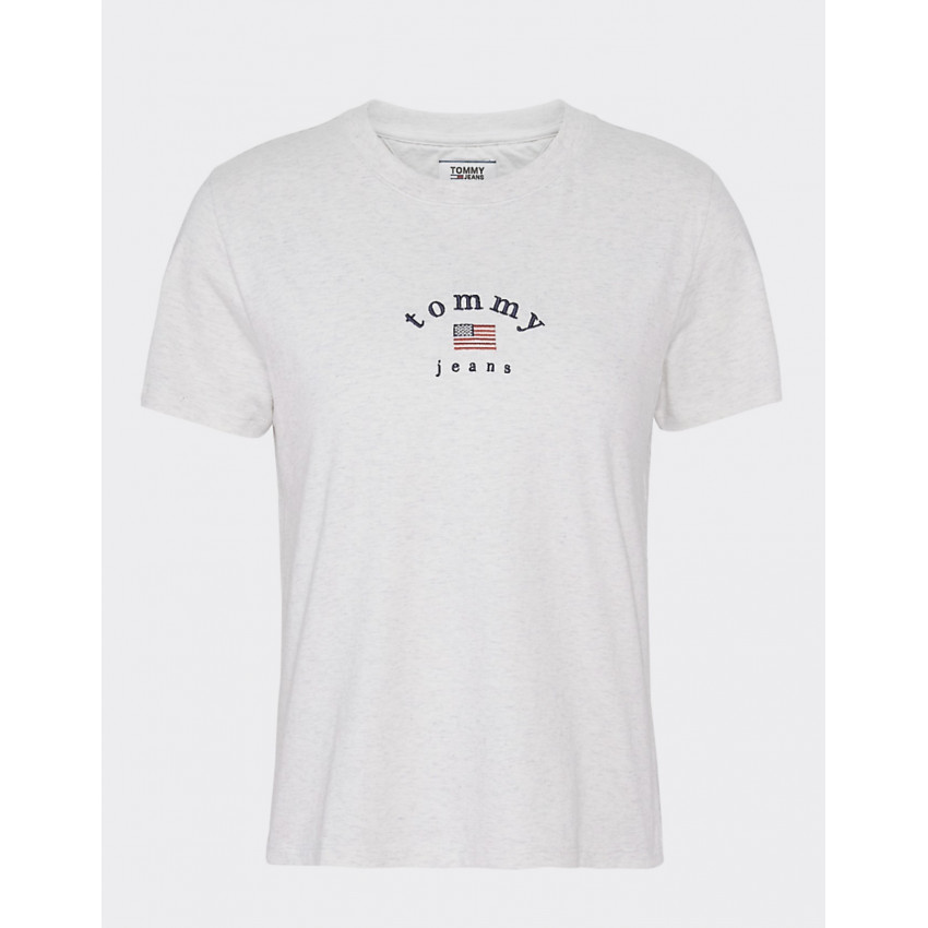 T-shirt femme Tommy Hilfiger gris logo drapeau usa, manches courtes col rond référence DW0DW07164