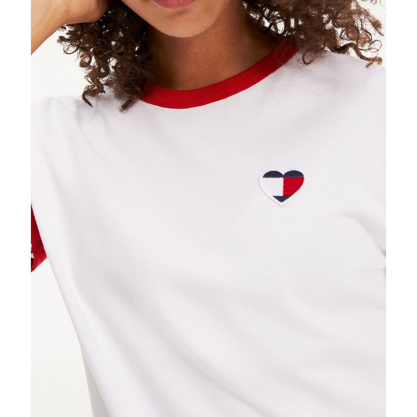 T-shirt femme TOMMY JEANS blanc col rouge logo coeur référence DW0DW07571, Cloane Vannes
