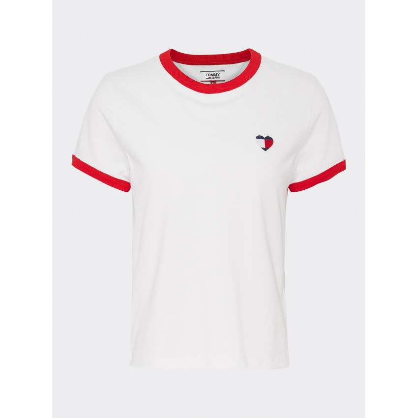 T-shirt femme TOMMY JEANS blanc col rouge logo coeur référence DW0DW07571, Cloane Vannes