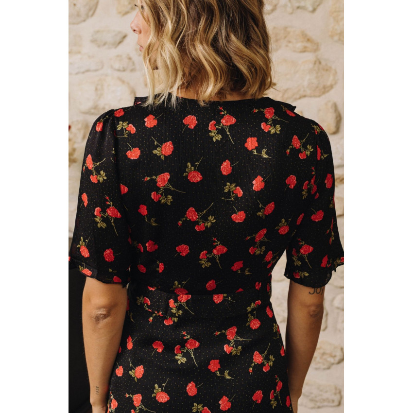 Robe la petite etoile noire motif fleurs rouges modèle Claudie, E-shop Cloane à Vannes