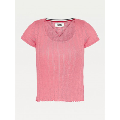 T-shirt femme rose détails tissés Tommy Hilfiger Jeans référence DW0DW08526