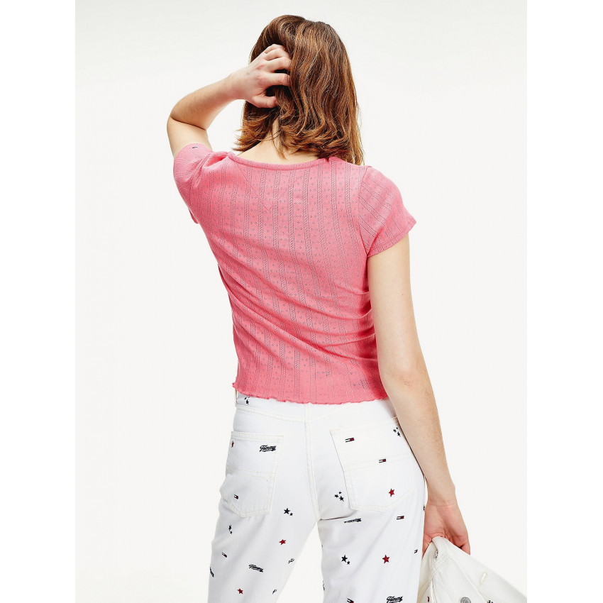 T-shirt femme rose détails tissés Tommy Hilfiger Jeans référence DW0DW08526