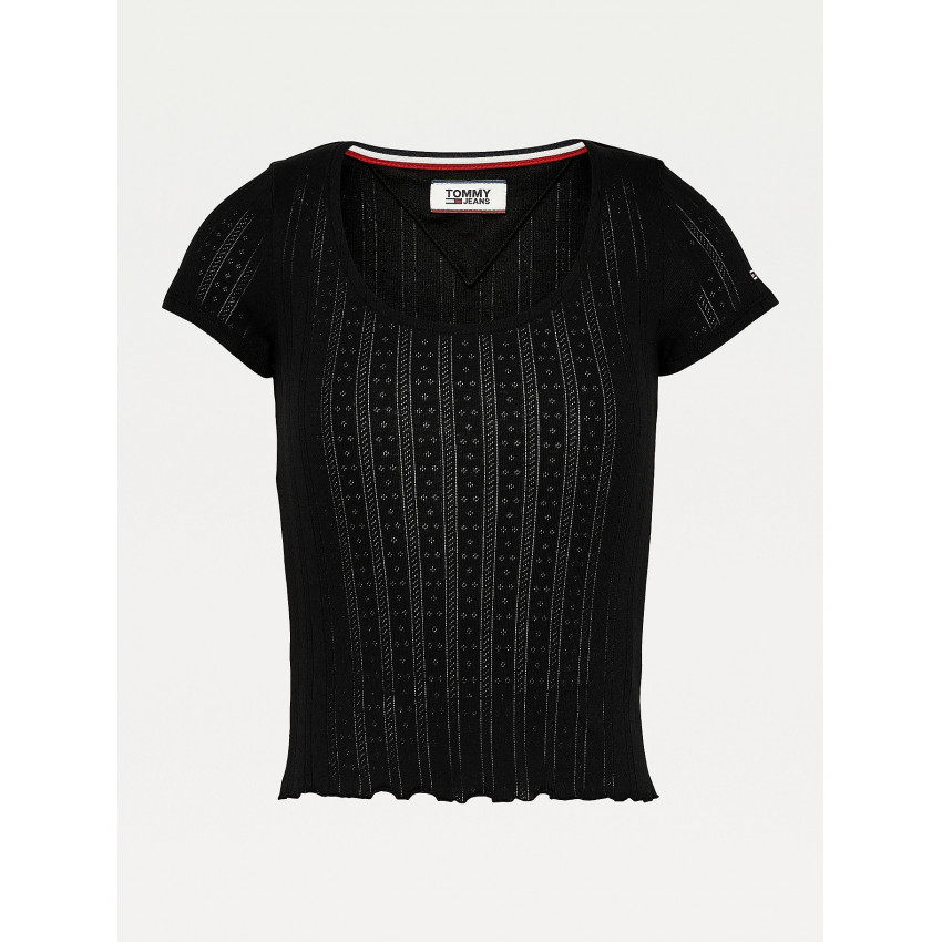 T-shirt femme Tommy Jeans noir motifs tissé, manches courtes, référence DW0DW07787