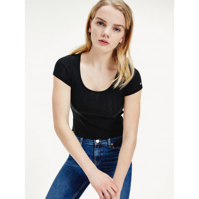T-shirt femme Tommy Jeans noir motifs tissé, manches courtes, référence DW0DW07787
